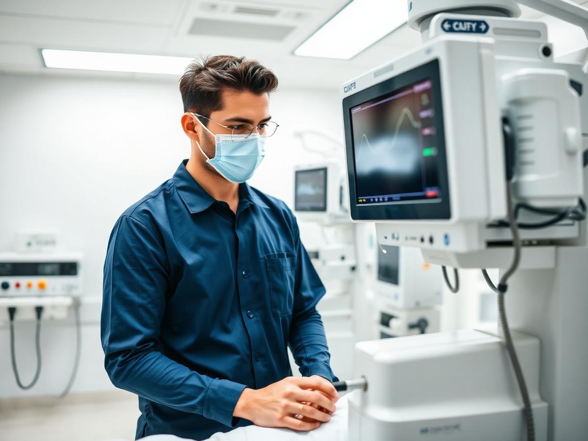 Especialista revisando un monitor de signos vitales en sala de equipos