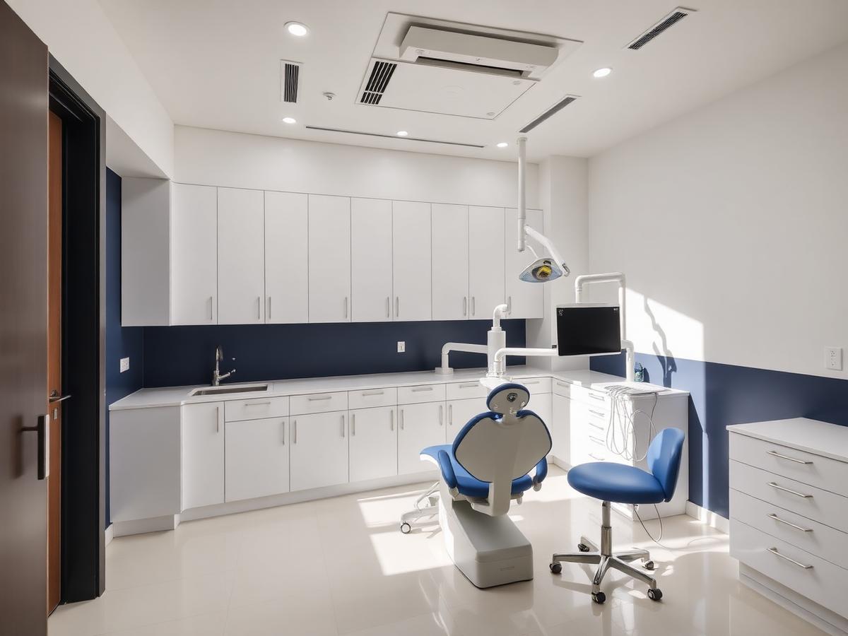 Interior de consultorio dental con mobiliario blanco y detalles en azul